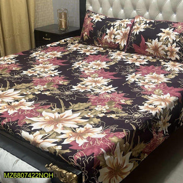 3 Pcs Crystal Cotton Printed Double Bedsheet