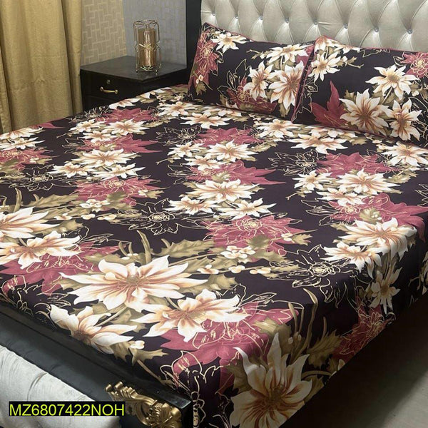 3 Pcs Crystal Cotton Printed Double Bedsheet