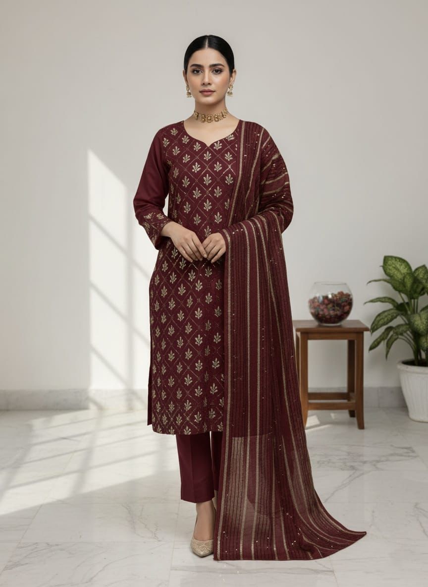 *Premium Embroidered Linen Suit with Pashmina Wool Shawl – 3 Piece Winter Collection