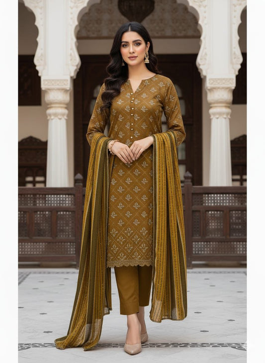*Premium Embroidered Linen Suit with Pashmina Wool Shawl – 3 Piece Winter Collection