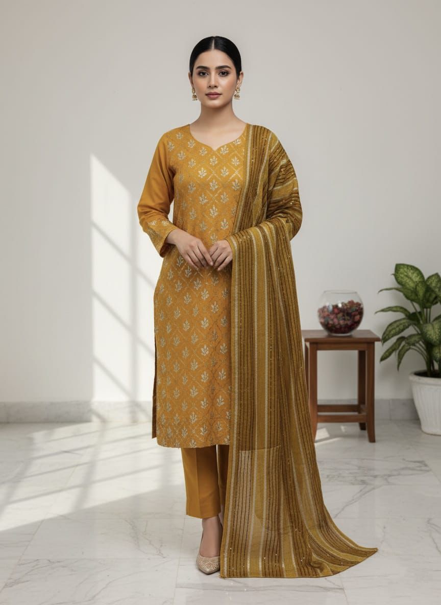 *Premium Embroidered Linen Suit with Pashmina Wool Shawl – 3 Piece Winter Collection