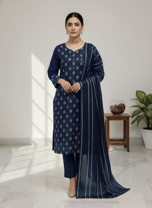 *Premium Embroidered Linen Suit with Pashmina Wool Shawl – 3 Piece Winter Collection