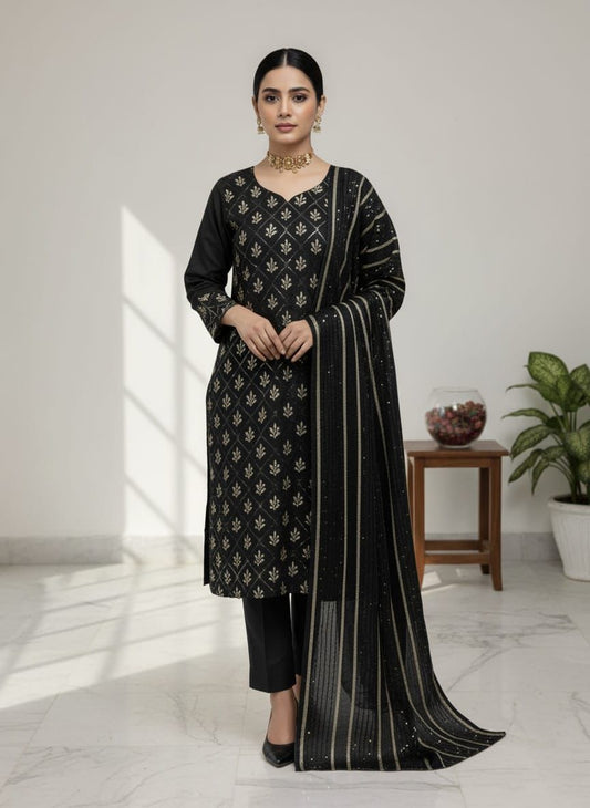 *Premium Embroidered Linen Suit with Pashmina Wool Shawl – 3 Piece Winter Collection
